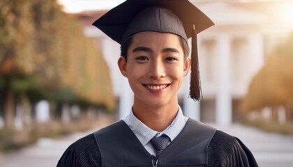 Happy Asian university graduate wearing black gown outdoors