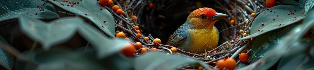 Wall Mural - High in the rainforest canopy, the bowerbird constructs intricate nests to attract mates. These birds gather bright objects, showcasing unique courtship behavior in the lush environment.