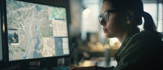 Wall Mural - a focused individual intently studies maps on a computer screen in a dimly lit office, conveying ded