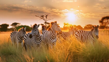 summer landscape on the sunset banner panorama view of a herd of zebras grazing in high grass wildlife scene from nature