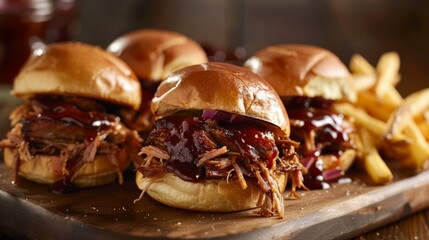 Canvas Print - A closeup shot of three pulled pork sliders on soft buns with savory sauce. The sliders are served on a wooden cutting board with a side of crispy fries