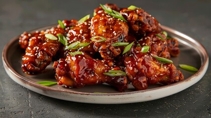 Wall Mural -  Highangle view of Korean fried chicken wings on a plate topped with sauce and green onions with copyspace