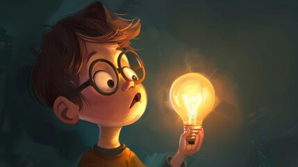 A little boy with glasses with surprise on his face, holding a lit light bulb on a flat background, cartoon style poster.