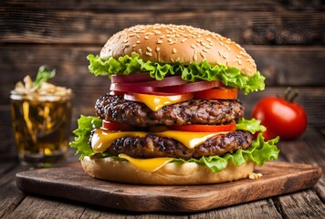 Canvas Print - Tasty burger on wooden table with professional Background.