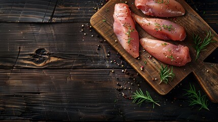 Wall Mural - Raw chicken cutlet breast fillets seasoned with peppercorns and herbs on a rustic wooden cutting board