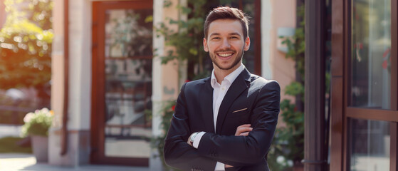 Poster - A confident young man in a black suit and white shirt stands with arms crossed, smiling warmly as sunlight filters through a leafy, urban backdrop.