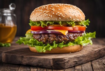Sticker - Tasty burger on wooden table with professional Background.