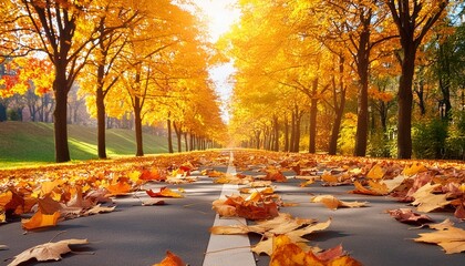 Wall Mural - the road in the park strewn with autumn leaves autumn landscape of the long road autumn concept