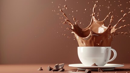 Wall Mural - cup of chocolate creamy milk with splash effect isolated. copy space