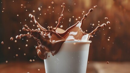 Wall Mural - cup of chocolate creamy milk with splash effect isolated. copy space