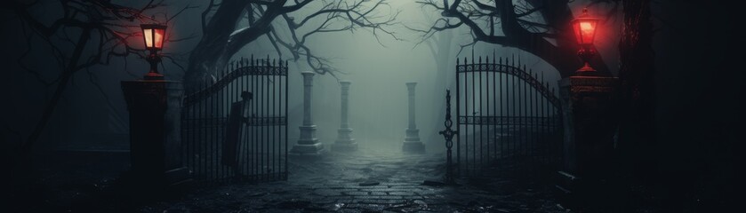Wall Mural - Old cemetery gate during scary night with eerie fog weather