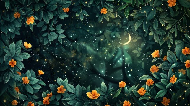 Crescent moon and twinkling stars over a garden with yellow flowers and lush green leaves creating a whimsical night view