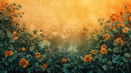 Wall Mural - Orange flowers with green leaves against a warm sunset sky creating a vibrant and peaceful evening nature scene