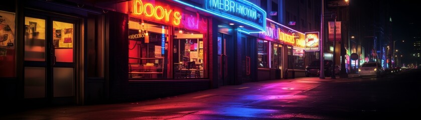 Wall Mural - A neon lit city street with a neon sign for a bar. The street is wet from the rain and the neon lights reflect off the water