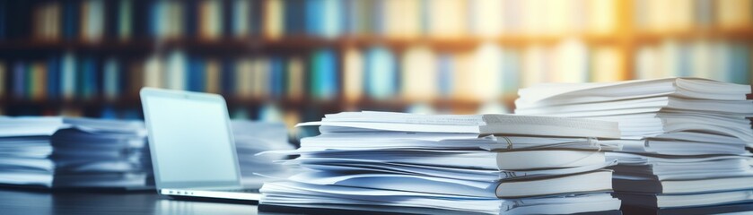 Wall Mural - A stack of books is on a table next to a laptop. The books are piled high and the laptop is open. The scene suggests that someone is working or studying, possibly for a long period of time