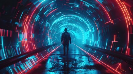 The image shows a man walking through a dark tunnel. The tunnel is lit up by red and blue lights. The man is wearing a black suit and a hat. He is carrying a briefcase. The image is in a science