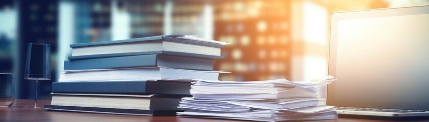 A stack of books is on a table next to a laptop. The books are piled high and the laptop is open. The scene suggests that someone is working or studying, possibly for a long period of time