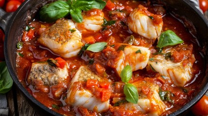 Wall Mural - Spicy fish stew with tomatoes and basil in skillet