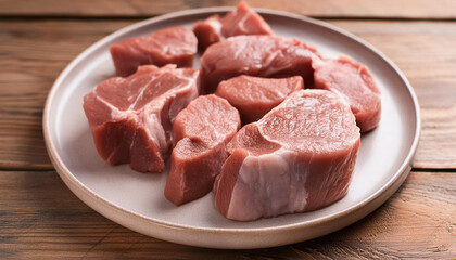 Wall Mural - Pieces of fresh raw beef meat on white plate on wooden table. Organic farm product. Culinary concept