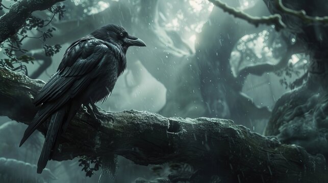 A black crow is perched on a tree branch in a dark forest
