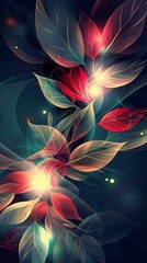 Wall Mural - Glowing neon leaves on a dark abstract background