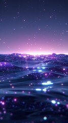 Wall Mural - sparkling purple night sky over a digital ocean landscape