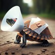 © driftwood - A turtle with a white cone around its neck and a bandage that has the word 'ouch' on its shell walking on a dirt road