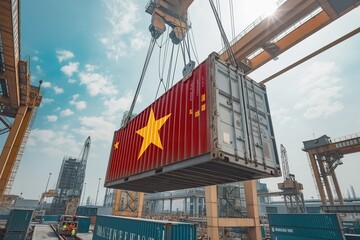 A shipping container painted with the Vietnamese flag is being lifted by a crane in a busy port.