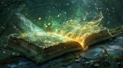 Wall Mural - A book is open to a page with a green and yellow glow