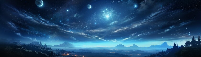 Canvas Print - a blue sky with stars and a mountain in the background