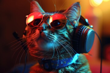 Wall Mural - A cat wearing sunglasses and headphones in a room, great for music or tech related concepts