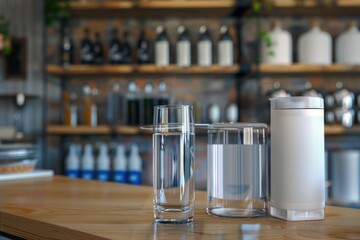 Wall Mural - Two glasses of water and a bottle on a countertop