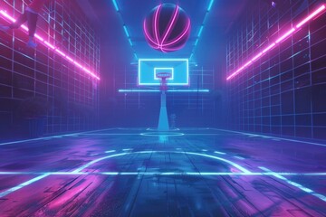 Canvas Print - A brightly lit outdoor basketball court at night, ideal for use in sports or nightlife scenes
