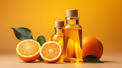 Wall Mural - A bottle of orange oil sits on a yellow table next to two oranges. The bottle is half full and the oranges are cut in half. Concept of freshness and natural beauty