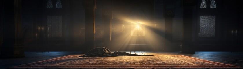 Wall Mural - A lamp and two small containers sit on a rug in a dimly lit room. Scene is calm and peaceful, as the soft light from the lamp creates a warm and inviting atmosphere