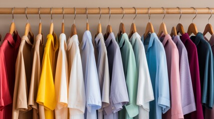 Wall Mural - A rack of colorful shirts hanging up. The shirts are of various colors and styles, and they are all neatly hung up. Concept of organization and order