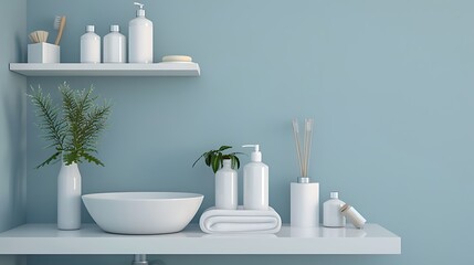 Blue wall and a shelf in the bathroom with hygiene accessories