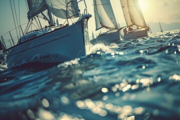 Wall Mural - Two sailboats sailing on calm waters of the open ocean