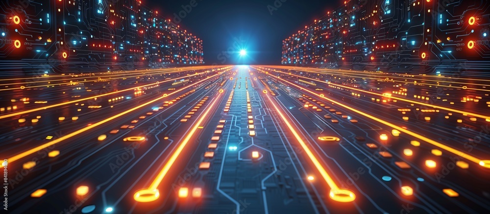 Ultra-modern data center with neon lights and digital pathways ...