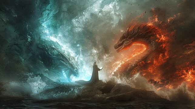 A man stands between two dragons, one blue and one red