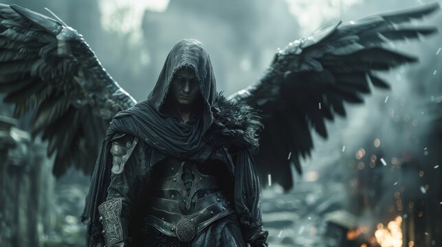 A man in a black cloak stands in front of a large black angel