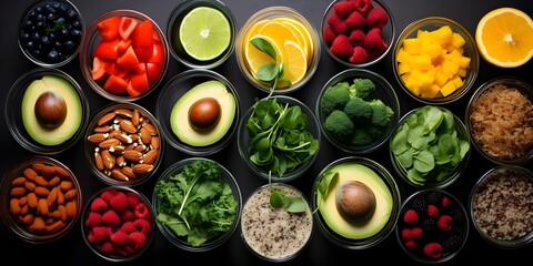 Flat lay image featuring various fruits vegetables and ketofriendly foods in containers. Concept Keto-Friendly Foods, Healthy Eating, Nutrition, Flat Lay Photography, Food Styling