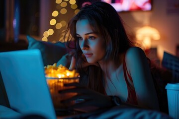 Canvas Print - A person sitting in front of a laptop with a neutral expression, possibly focused on work or study