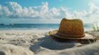 © Fotograf - A simple straw hat resting on the warm sand of a beach, perfect for a summer day