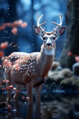 Wall Mural - Beautiful deer in the forest at night. 3d rendering.