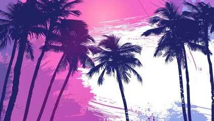 Wall Mural - palm trees silhouette on sunset background with brush stroke design for summer vacation concept Generative AI