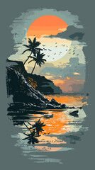 Wall Mural - Tropical island with palm trees at sunset. Vector illustration.