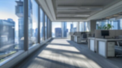 Wall Mural - Blur background of office with city view and modern workstations. Urban office interior photography. Corporate workplace concept. Design for corporate branding, office real estate listings. Spate.