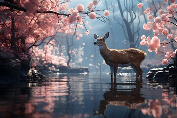 Wall Mural - Beautiful sakura tree with deer in the pond, panorama