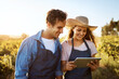 © Lyndon/peopleimages.com - Agro, smile and tablet with couple on farm together for growth, harvest or sustainability. Agriculture, love or research with man and woman outdoor in field for agribusiness, ecology or development